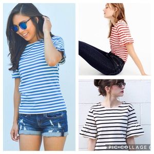 Jcrew Ruffle Sleeve Top Shirt Red Light Blue White